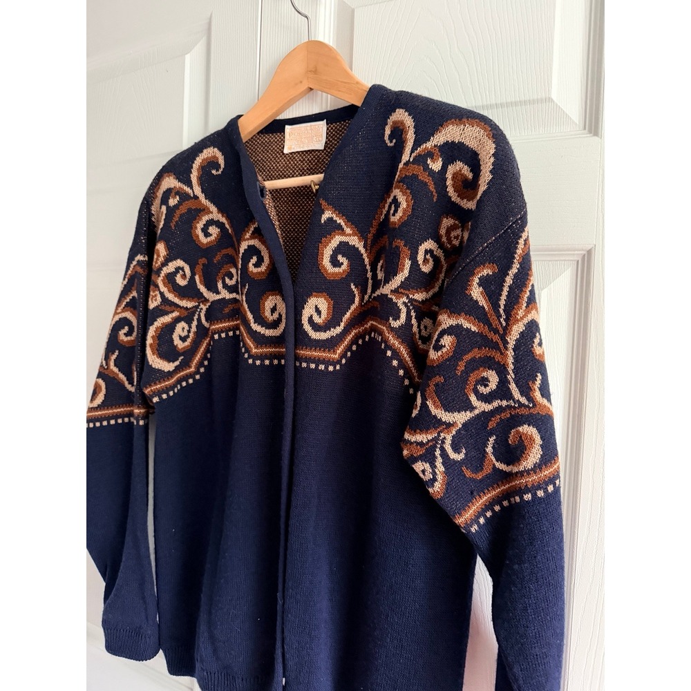 Pendleton Navy Blue Wool Womens Intarsia Button Front Cardigan Sweater Large L